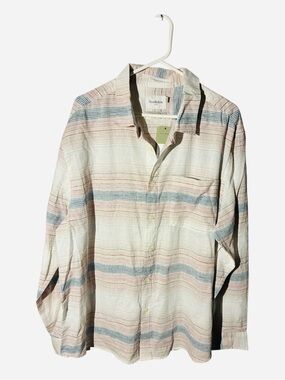 NWT Men Multi  Striped Button-Down Shirt in Cream, Blue And Reddish Tan